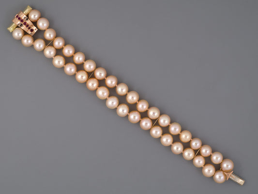 73717 - Retro Gold Ruby Buckle Clasp On 2 Row Pearl Bracelet