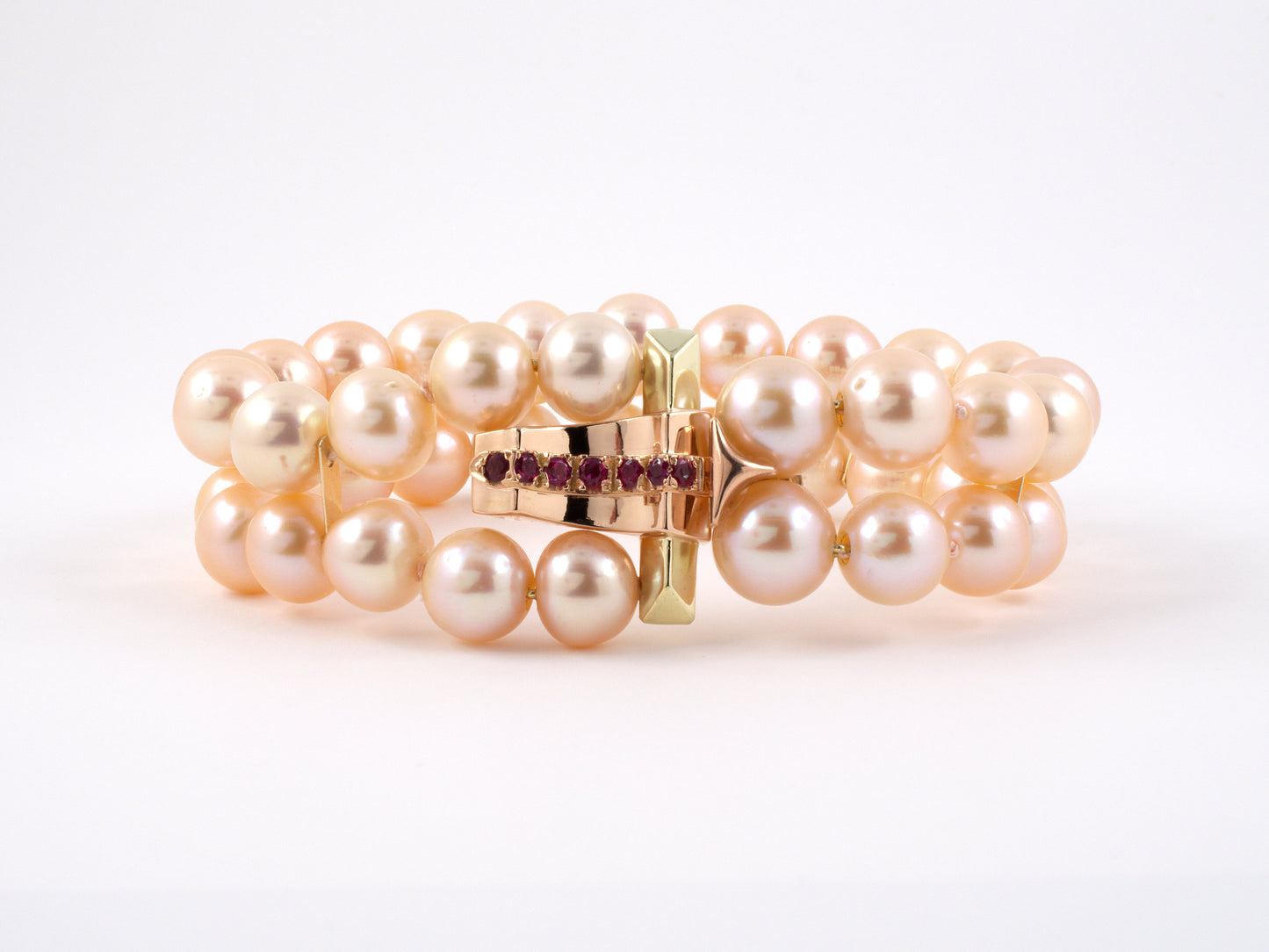 73717 - Retro Gold Ruby Buckle Clasp On 2 Row Pearl Bracelet