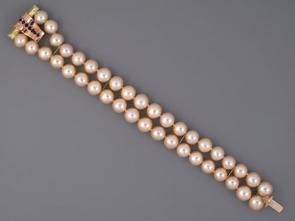 73718 - Retro Gold Sapphire Buckle Clasp On 2 Row Pearl Bracelet