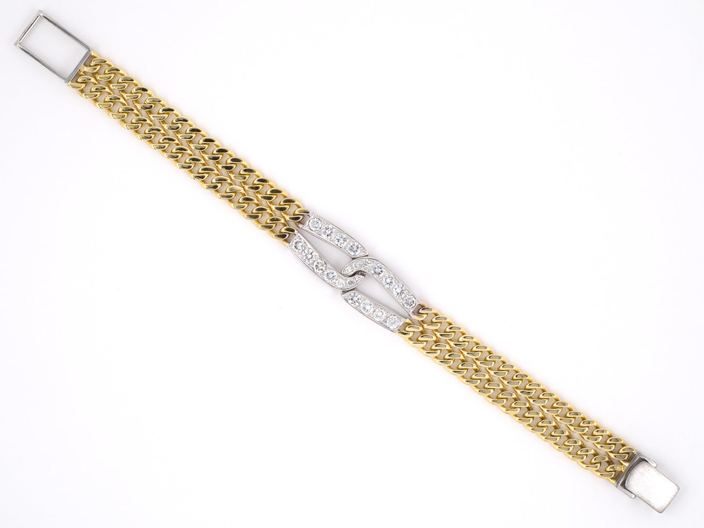 73719 - SOLD - Gold Diamond Interlocking Center Ornament Double Row Curb Link Bracelet