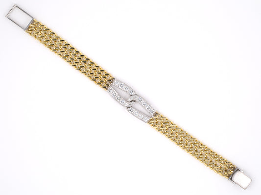 73719 - SOLD - Gold Diamond Interlocking Center Ornament Double Row Curb Link Bracelet