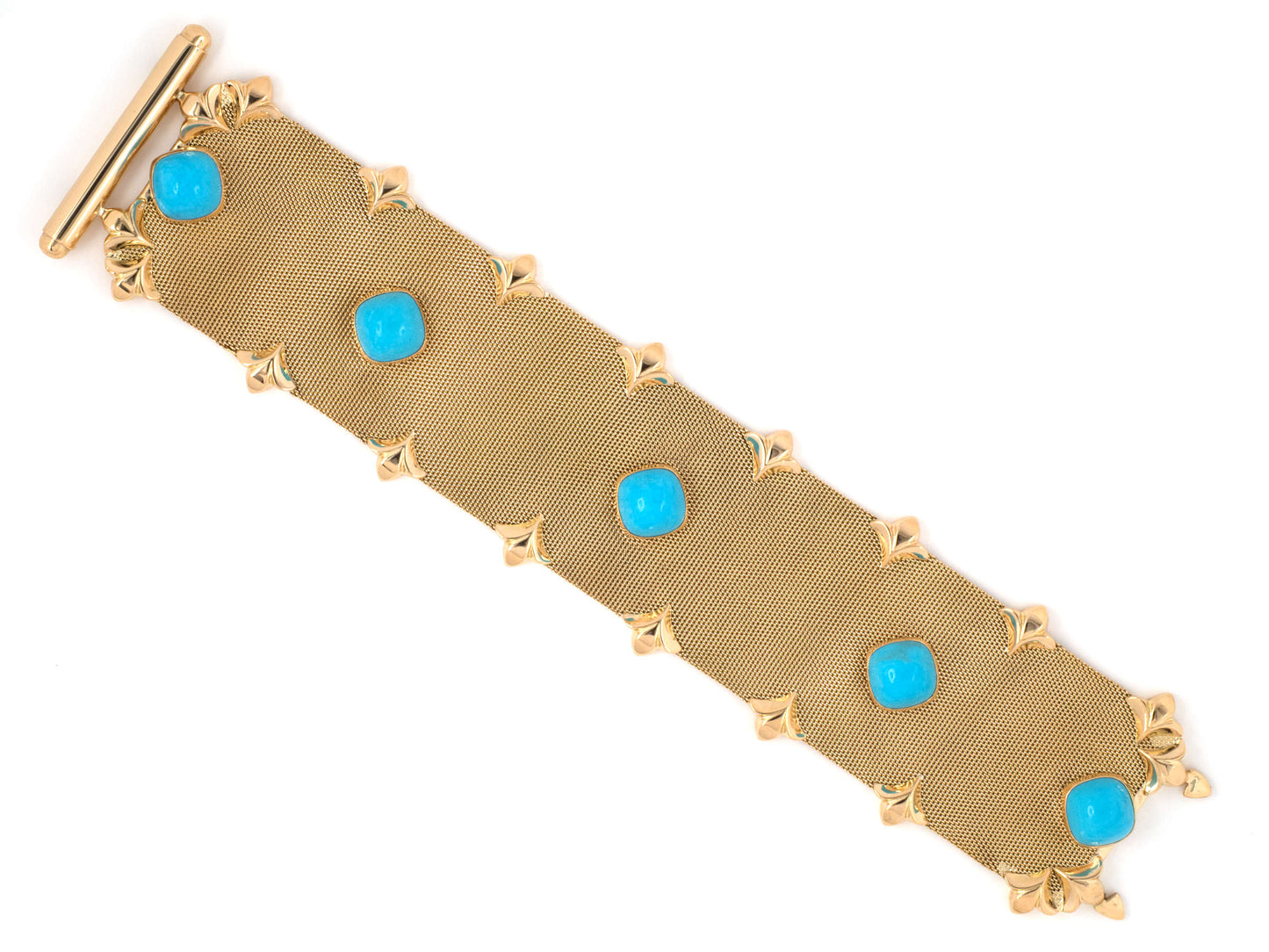 73722 - Circa 1940 Italy Gold Turquoise Mesh Fleur De Lis Ornament Bracelet