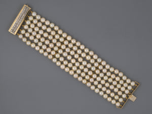 73725 - SOLD - Gold Pearl Diamond 6 Row 3 Section 2" Wide Bracelet