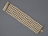73725 - SOLD - Gold Pearl Diamond 6 Row 3 Section 2" Wide Bracelet