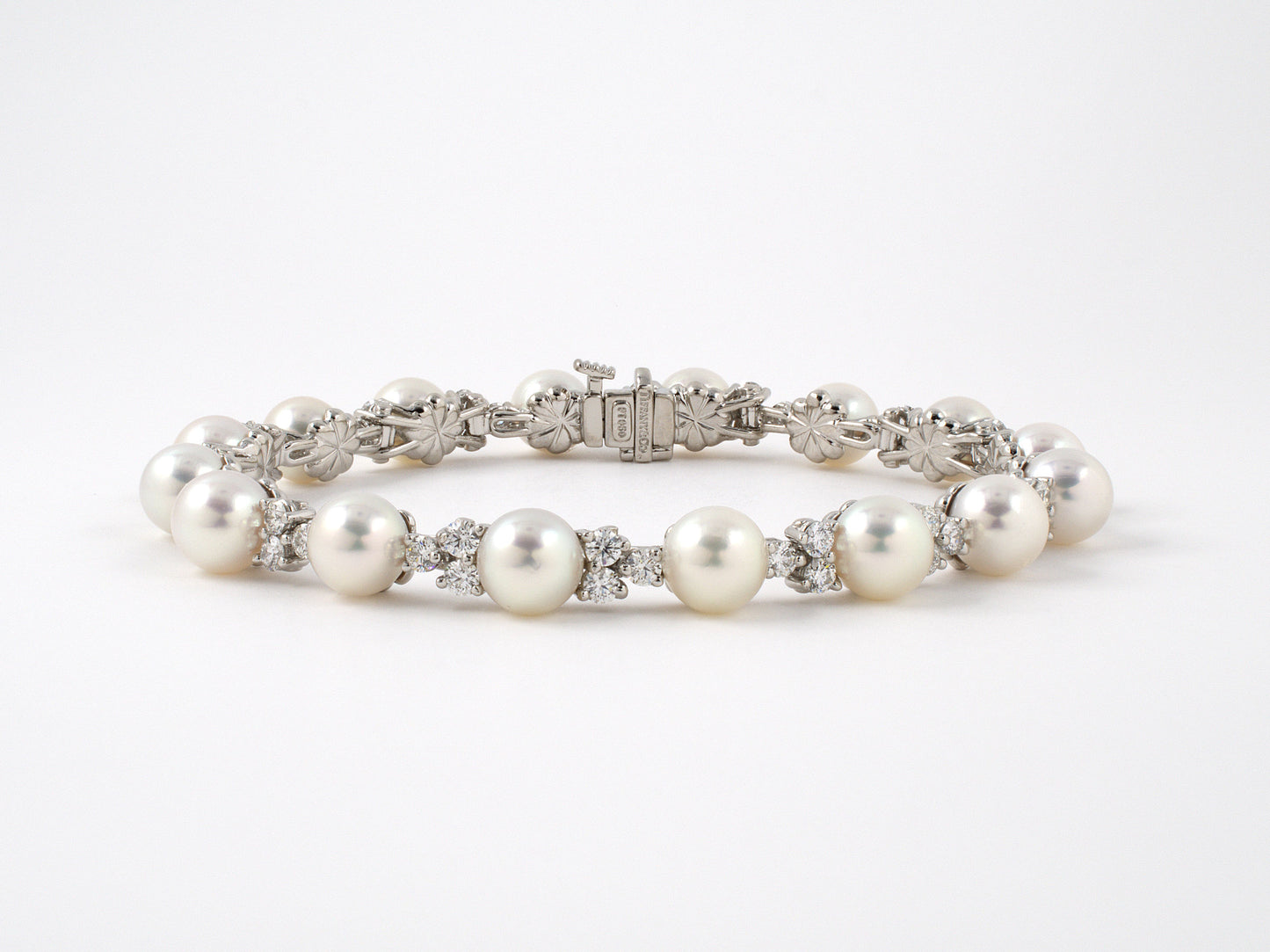 73730 - Tiffany Aria Platinum Diamond Pearl Alternating Straight Line Bracelet