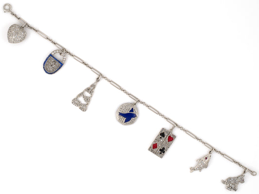 73734 - Art Deco Platinum Diamond Sapphire Lapis Ruby Enamel Fish Dog Lock Cards Heart Bird Charm Bracelet