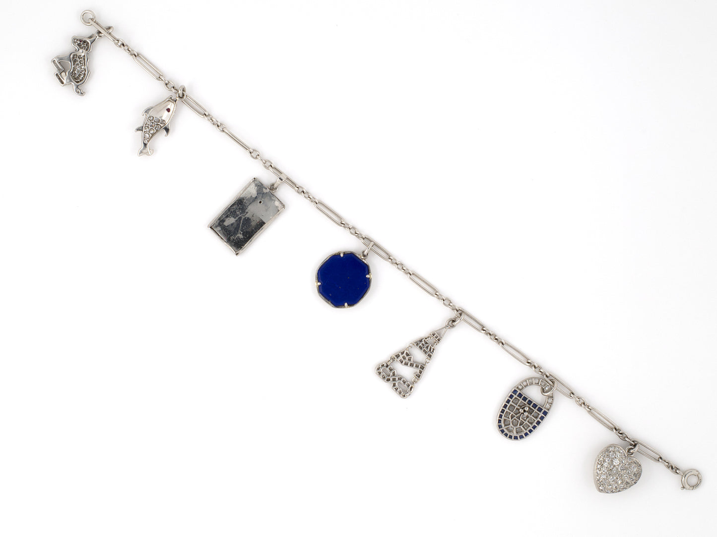 73734 - Art Deco Platinum Diamond Sapphire Lapis Ruby Enamel Fish Dog Lock Cards Heart Bird Charm Bracelet