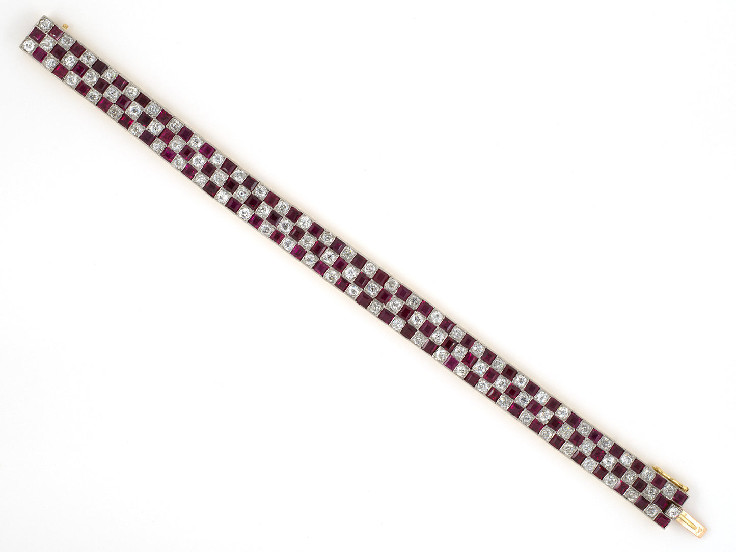 73743 - Edwardian French Platinum Gold Burma Ruby Diamond Checkerboard 3-Row Bracelet