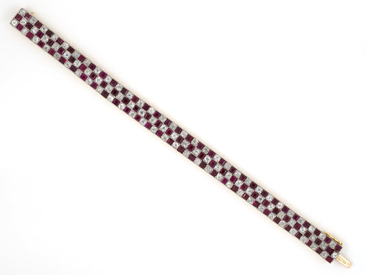 73743 - Edwardian French Platinum Gold Burma Ruby Diamond Checkerboard 3-Row Bracelet
