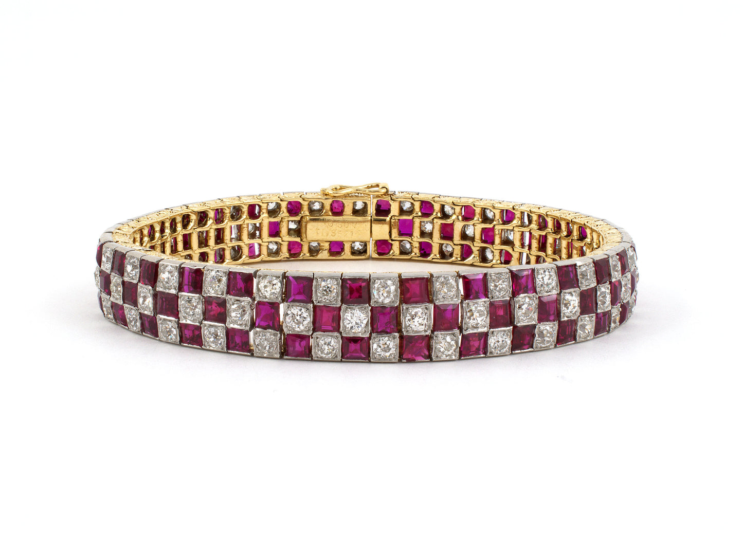 73743 - Edwardian French Platinum Gold Burma Ruby Diamond Checkerboard 3-Row Bracelet