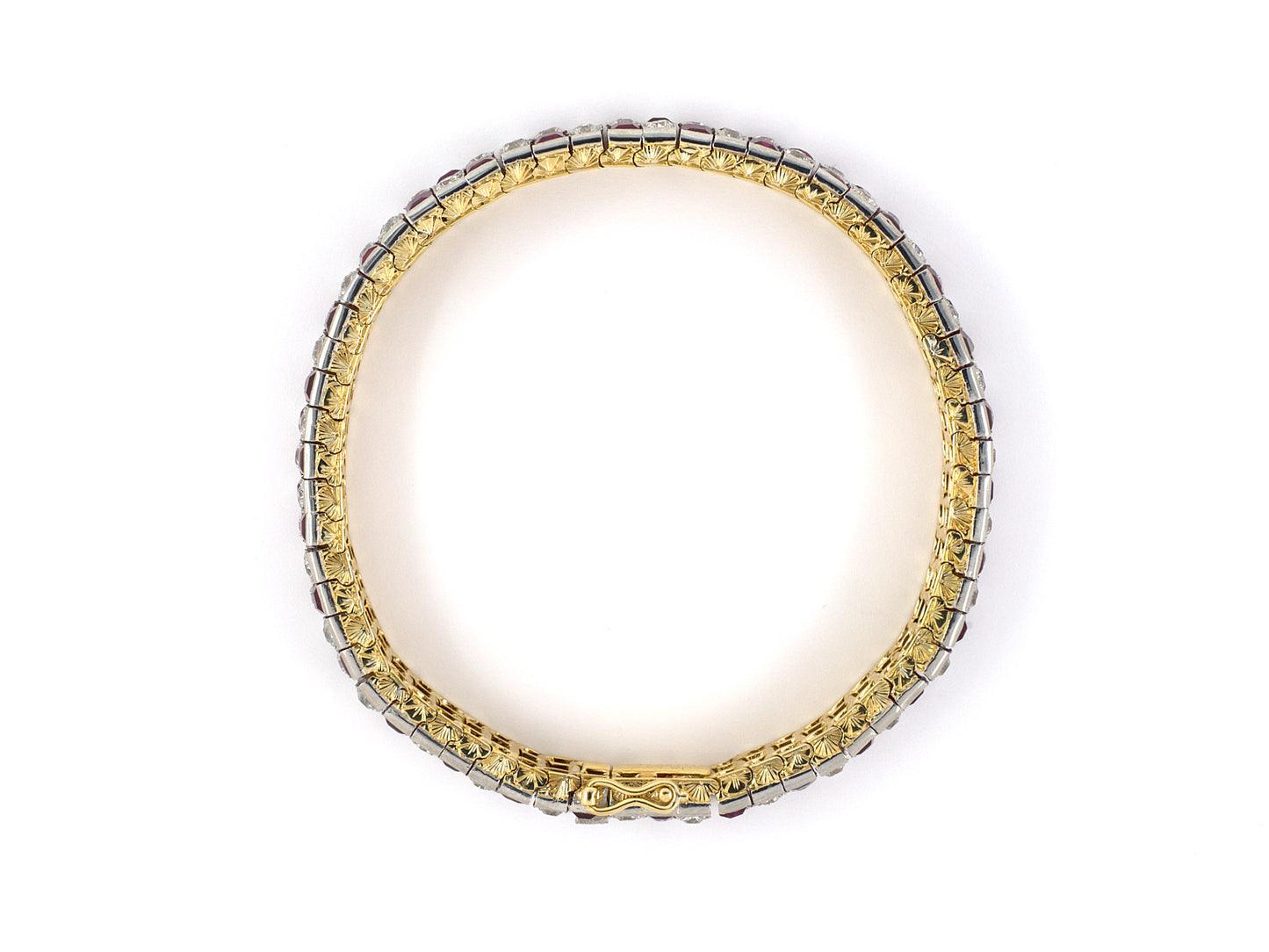 73743 - Edwardian French Platinum Gold Burma Ruby Diamond Checkerboard 3-Row Bracelet