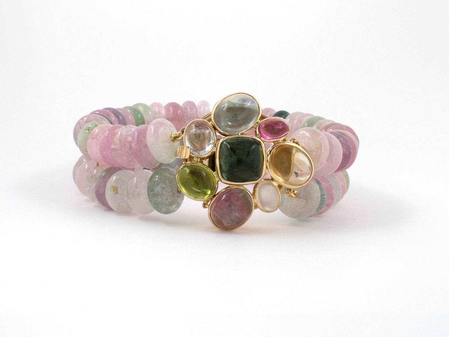 73744 - Gold Multi Color Tourmaline Topaz Citrine Moonstone Peridot Cluster Clasp Bracelet