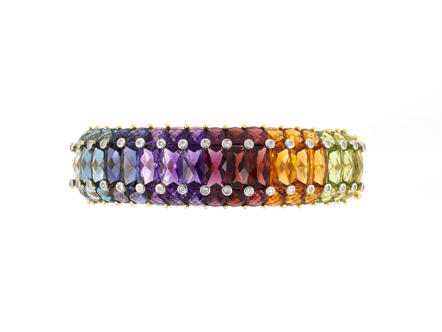 73748 - Gold Diamond Blue Topaz Iolite Amethyst Garnet Citrine Peridot Rainbow Hinged Bangle Bracelet