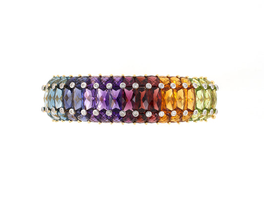 73748 - Gold Diamond Blue Topaz Iolite Amethyst Garnet Citrine Peridot Rainbow Hinged Bangle Bracelet