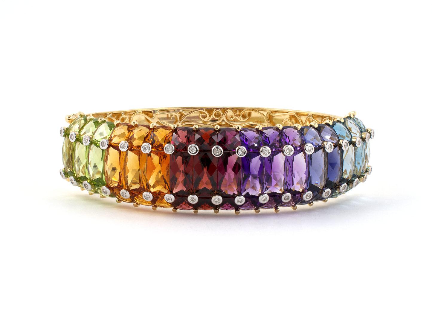 73748 - Gold Diamond Blue Topaz Iolite Amethyst Garnet Citrine Peridot Rainbow Hinged Bangle Bracelet