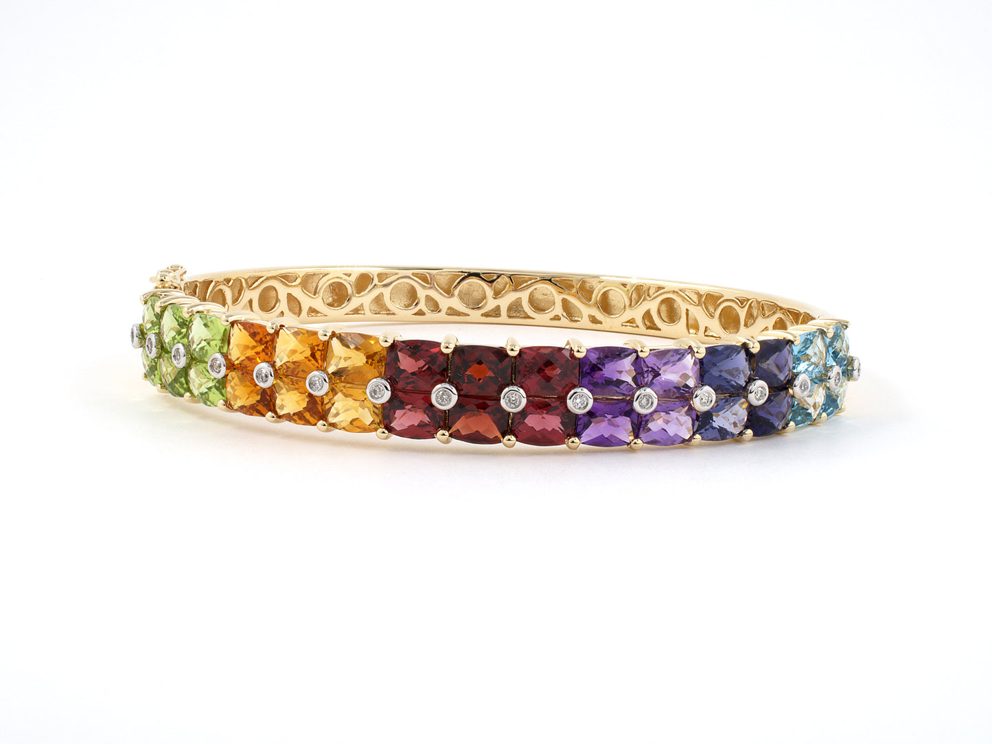 73749 - Gold Diamond Blue Topaz Iolite Amethyst Garnet Citrine Peridot Rainbow Hinged Bangle Bracelet