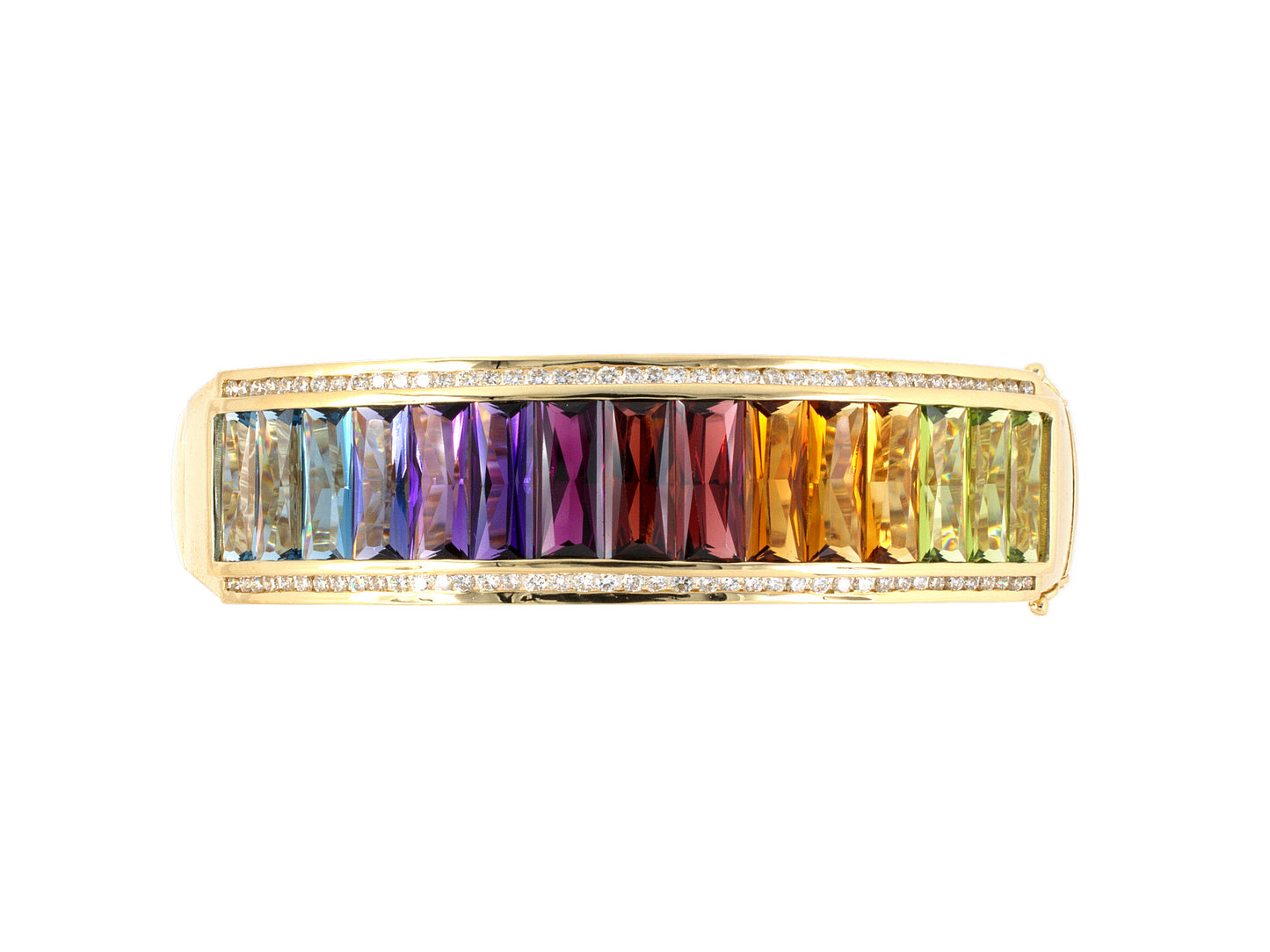 73750 - SOLD - Gold Diamond Blue Topaz Iolite Amethyst Garnet Citrine Peridot Rainbow Hinged Bangle Bracelet