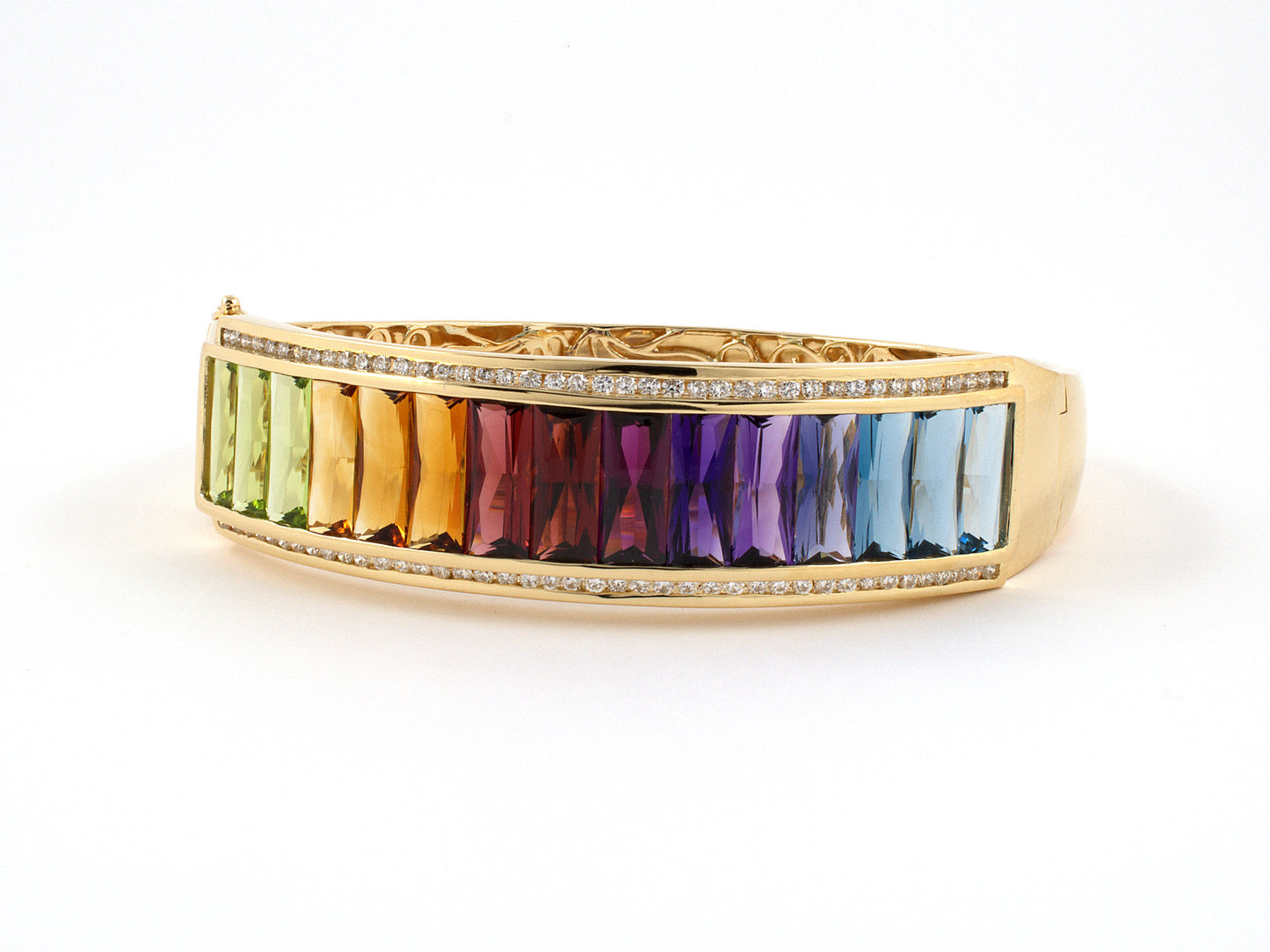 73750 - SOLD - Gold Diamond Blue Topaz Iolite Amethyst Garnet Citrine Peridot Rainbow Hinged Bangle Bracelet