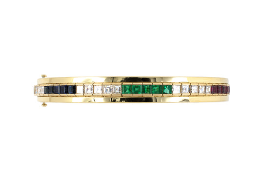 73751 - Gold Diamond Emerald Ruby Sapphire Channel Set Bangle Bracelet