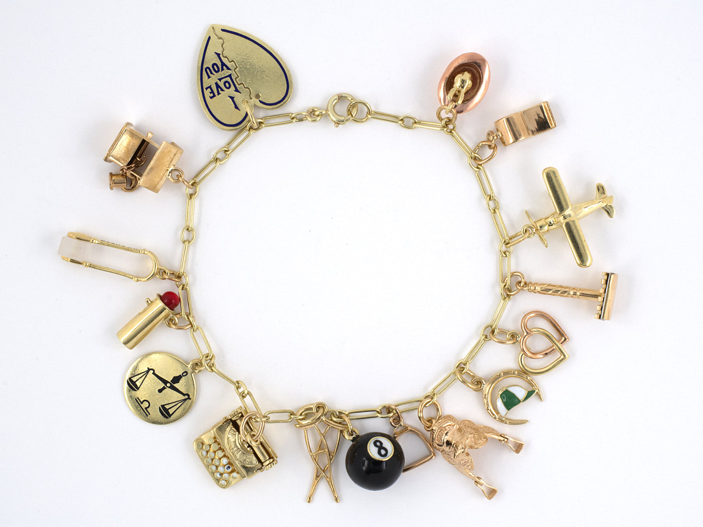 73753 - SOLD - Circa 1950s Gold Heart Horse Saddle Whistle Charm Bracelet