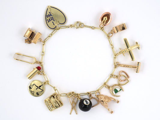 73753 - SOLD - Circa 1950s Gold Heart Horse Saddle Whistle Charm Bracelet