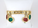 73756 - Italy Gold Carved Green Onyx Carnelian Emerald Ruby Cable Link Dangle Drop Bracelet