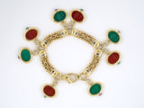 73756 - Italy Gold Carved Green Onyx Carnelian Emerald Ruby Cable Link Dangle Drop Bracelet