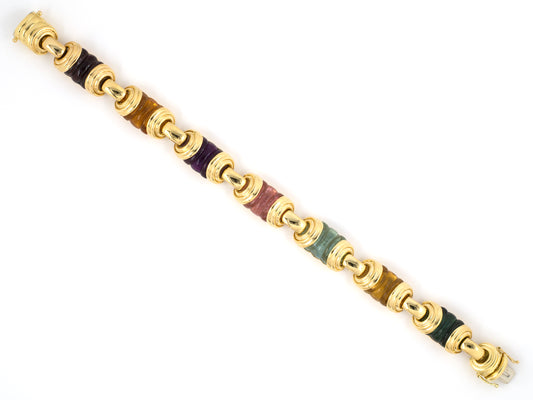 73757 - SOLD - Italy Gold Carved Garnet Citrine Amethyst Pink Green Tourmaline Blue Topaz Link Bracelet