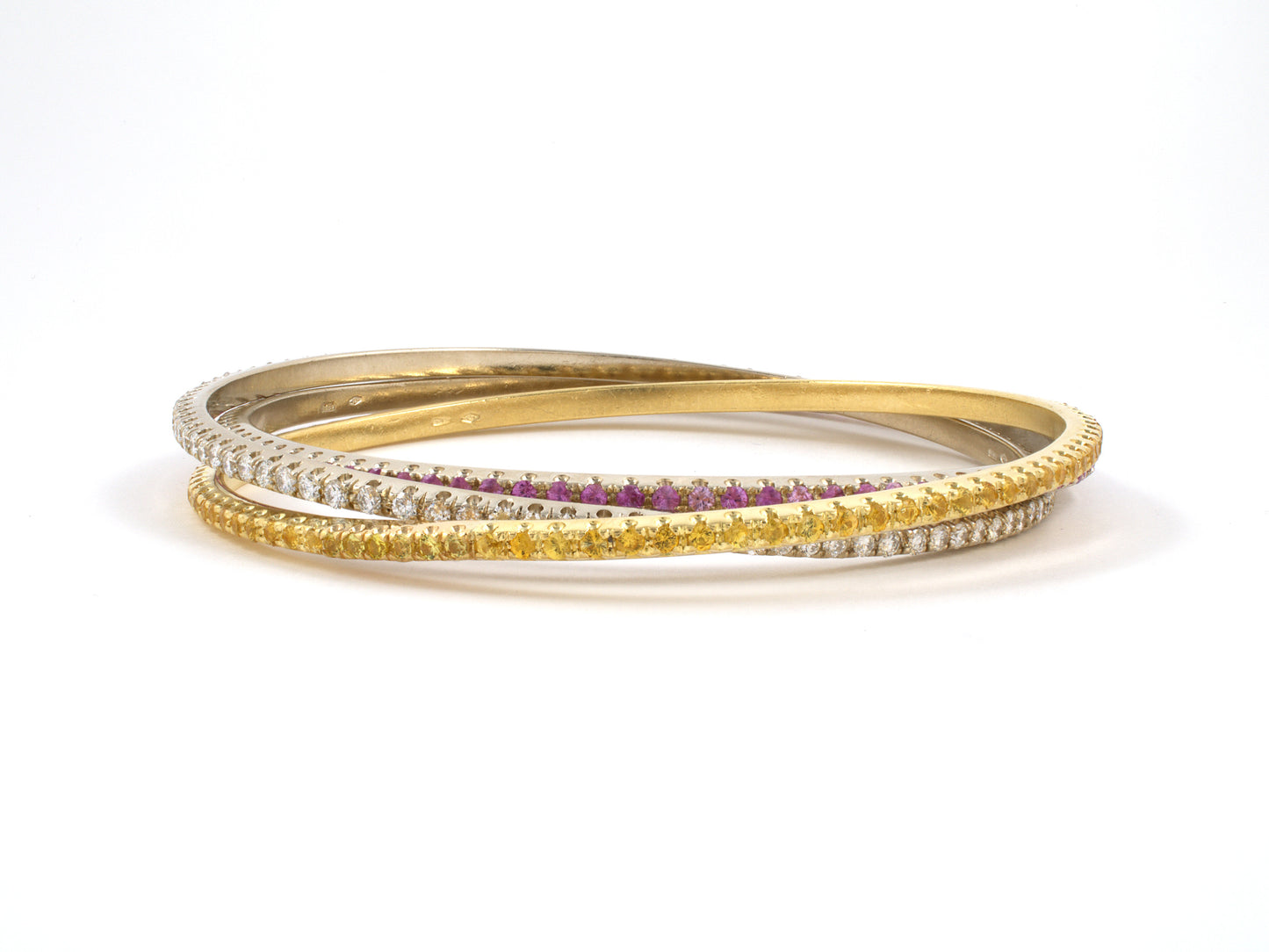 73765 - SOLD - Italy Gold Diamond Yellow Sapphire Pink Sapphire Triple Rolling Bangle Bracelet