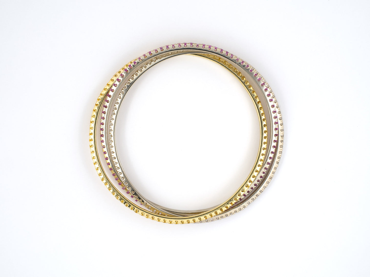 73765 - SOLD - Italy Gold Diamond Yellow Sapphire Pink Sapphire Triple Rolling Bangle Bracelet