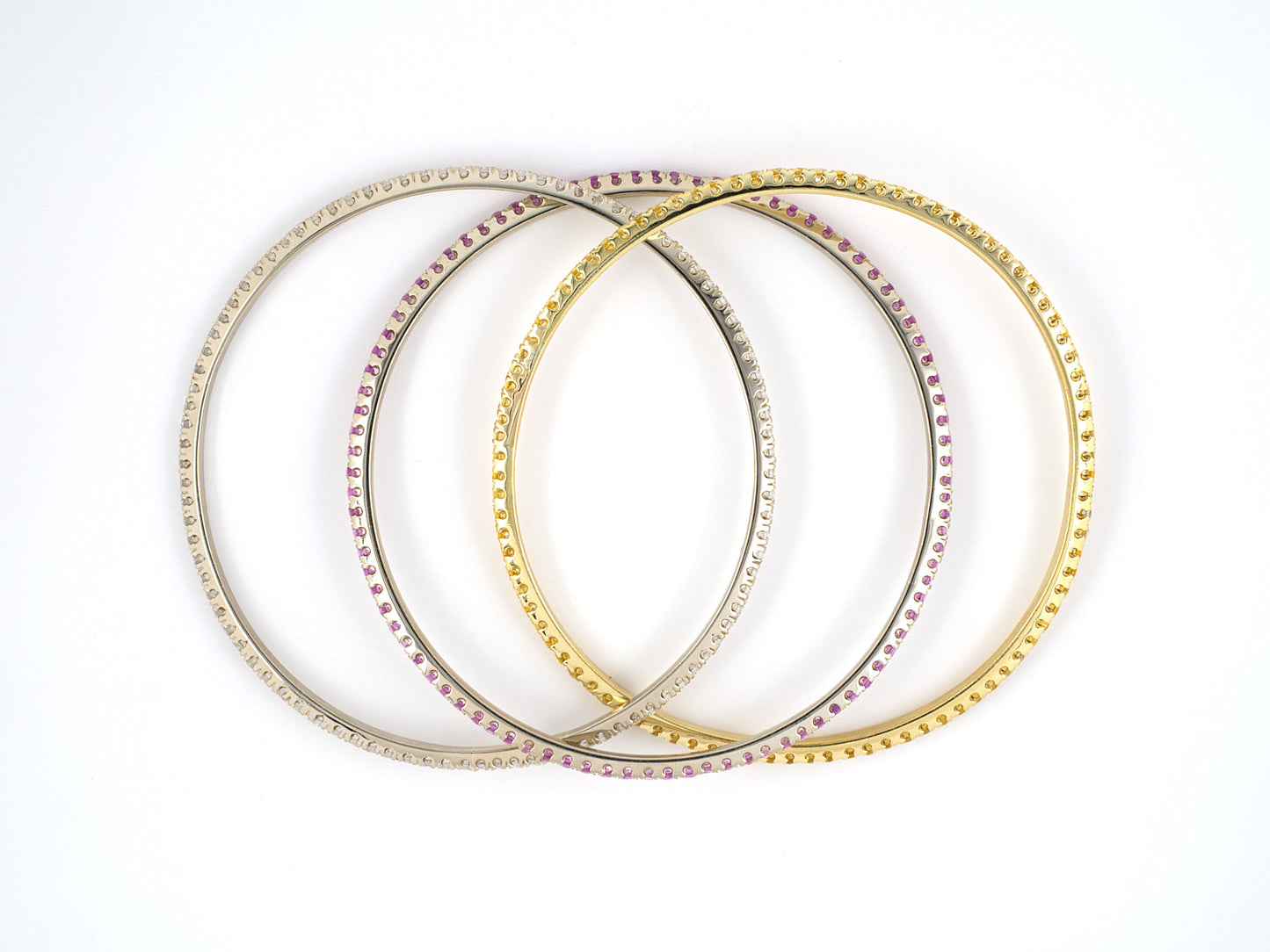 73765 - SOLD - Italy Gold Diamond Yellow Sapphire Pink Sapphire Triple Rolling Bangle Bracelet