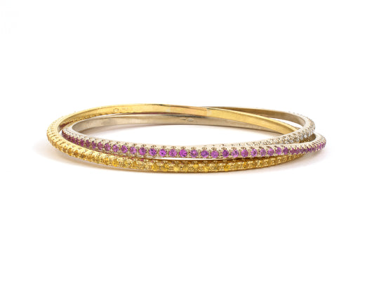 73766 - SOLD - Italy Gold Diamond Yellow Sapphire Pink Sapphire Triple Rolling Bangle Bracelet