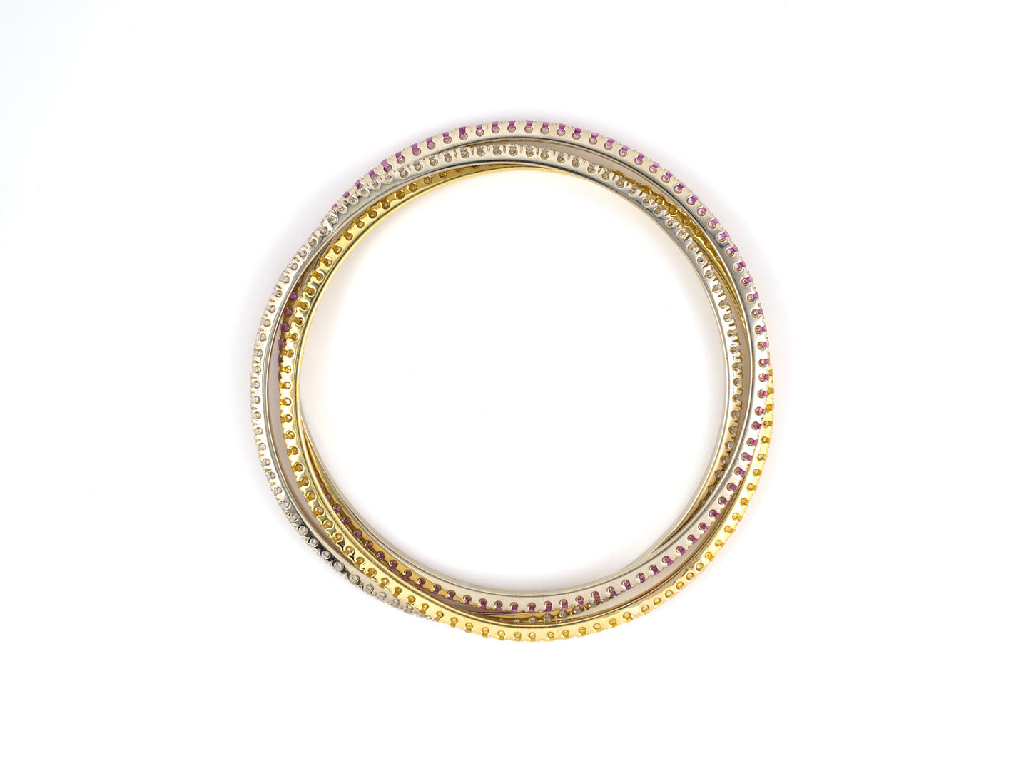73766 - SOLD - Italy Gold Diamond Yellow Sapphire Pink Sapphire Triple Rolling Bangle Bracelet