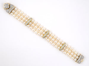 73770 - Gold 2-Tone Pave Diamond Pearl 3-Row 4-Section Separator Bracelet