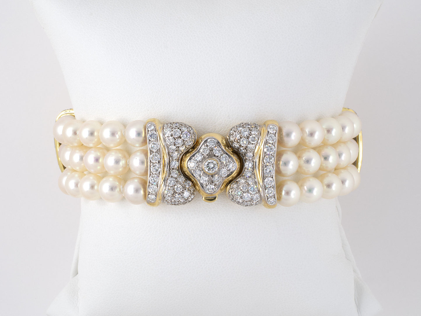 73770 - Gold 2-Tone Pave Diamond Pearl 3-Row 4-Section Separator Bracelet