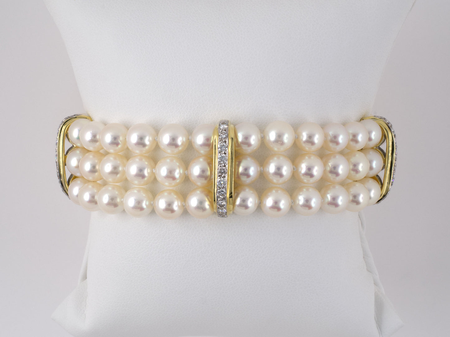 73770 - Gold 2-Tone Pave Diamond Pearl 3-Row 4-Section Separator Bracelet