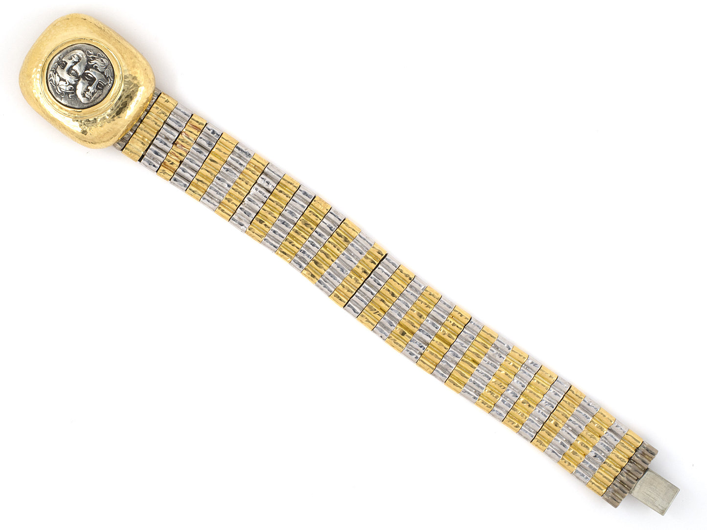 73777 - Gold Two Headed Silver Coin Tubular Link With Rubber Cord Bracelet