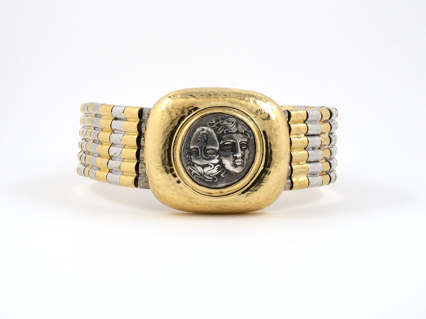 73777 - Gold Two Headed Silver Coin Tubular Link With Rubber Cord Bracelet