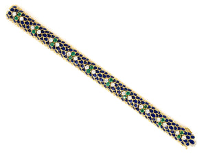 73780 - Circa 1970 Gold Diamond Emerald Blue Enamel Scales Snake Motif Bracelet