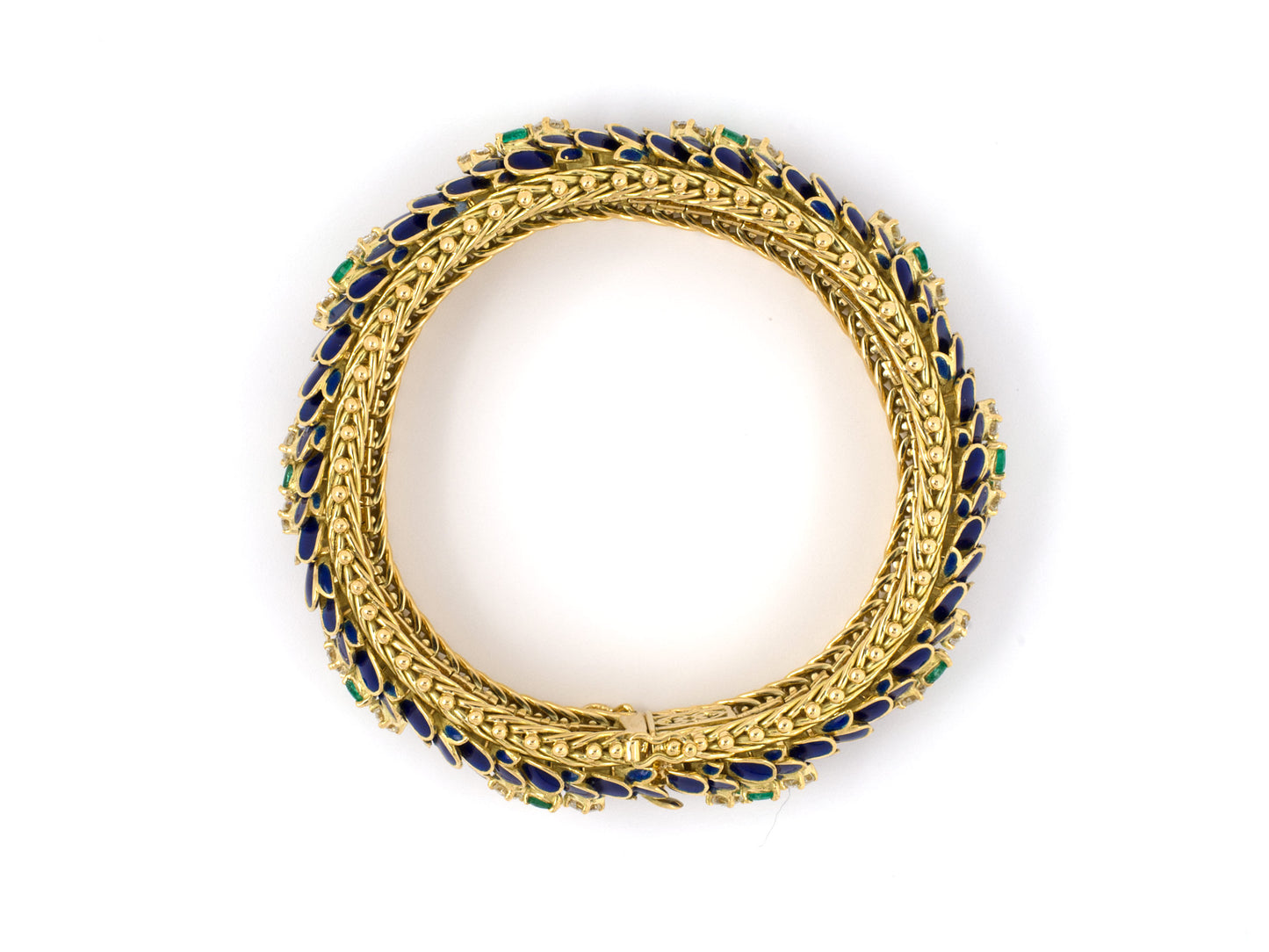 73780 - Circa 1970 Gold Diamond Emerald Blue Enamel Scales Snake Motif Bracelet