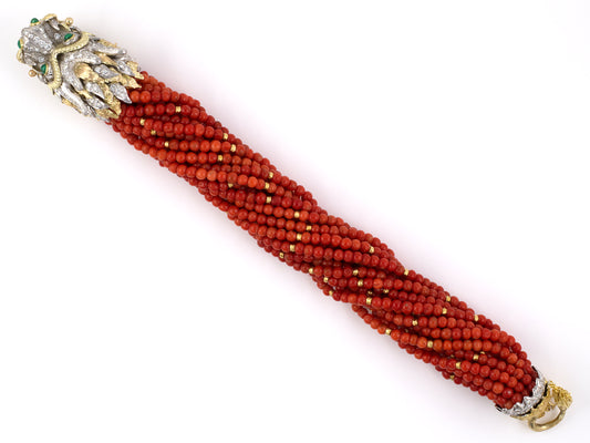 73788 - Circa 1960S Gold Diamond Emerald Coral Bead Chimera Torsade 18 Strand Bracelet