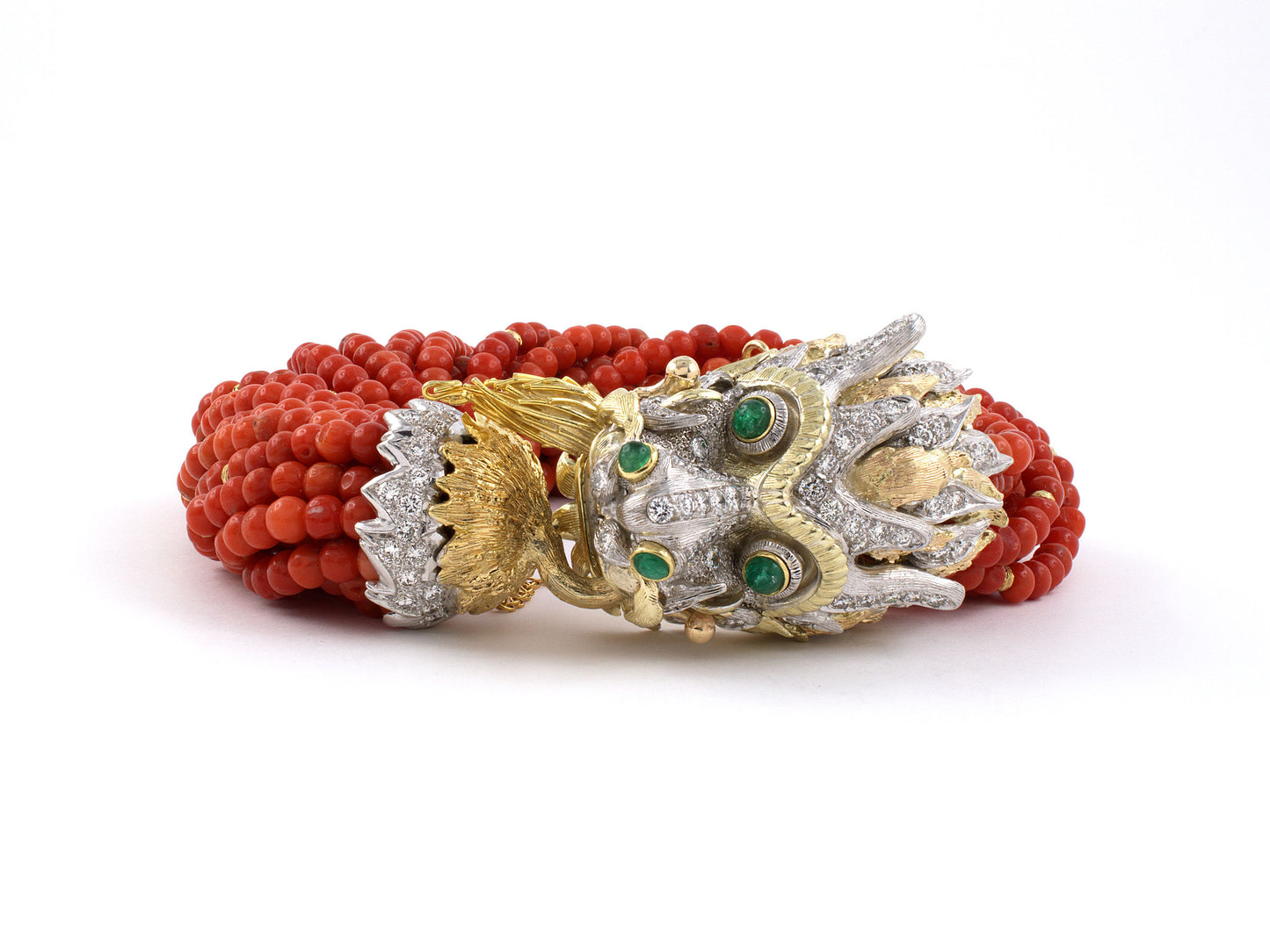 73788 - Circa 1960S Gold Diamond Emerald Coral Bead Chimera Torsade 18 Strand Bracelet