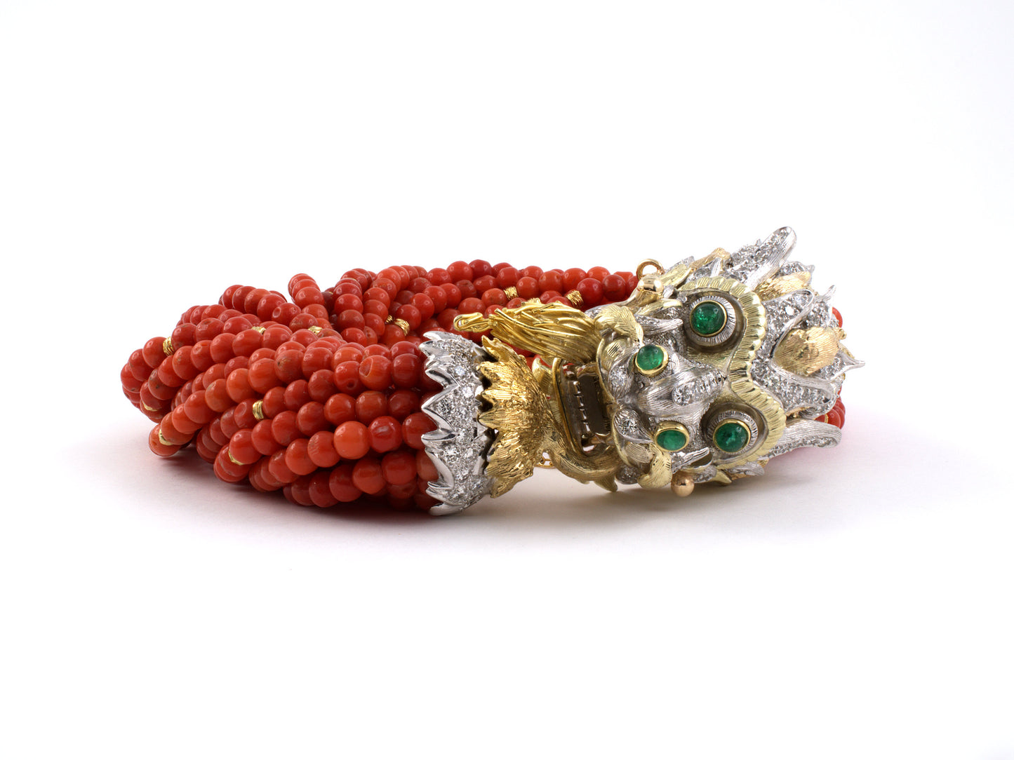 73788 - Circa 1960S Gold Diamond Emerald Coral Bead Chimera Torsade 18 Strand Bracelet