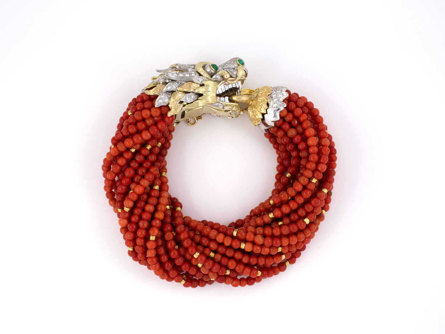73788 - Circa 1960S Gold Diamond Emerald Coral Bead Chimera Torsade 18 Strand Bracelet