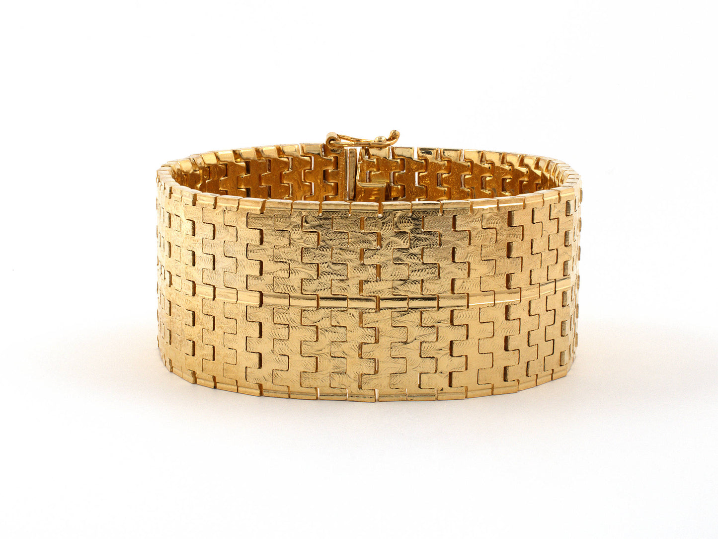 73792 - Circa 1950s Gold Etched Design Brick Link 2 Row Bracelet