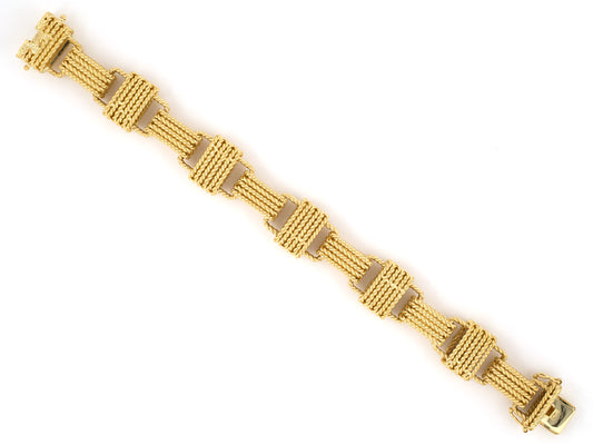 73795 - SOLD - Circa 1960S Wellendorf Gold Twisted Rope Open Rectangular Hand Made Link Bracelet