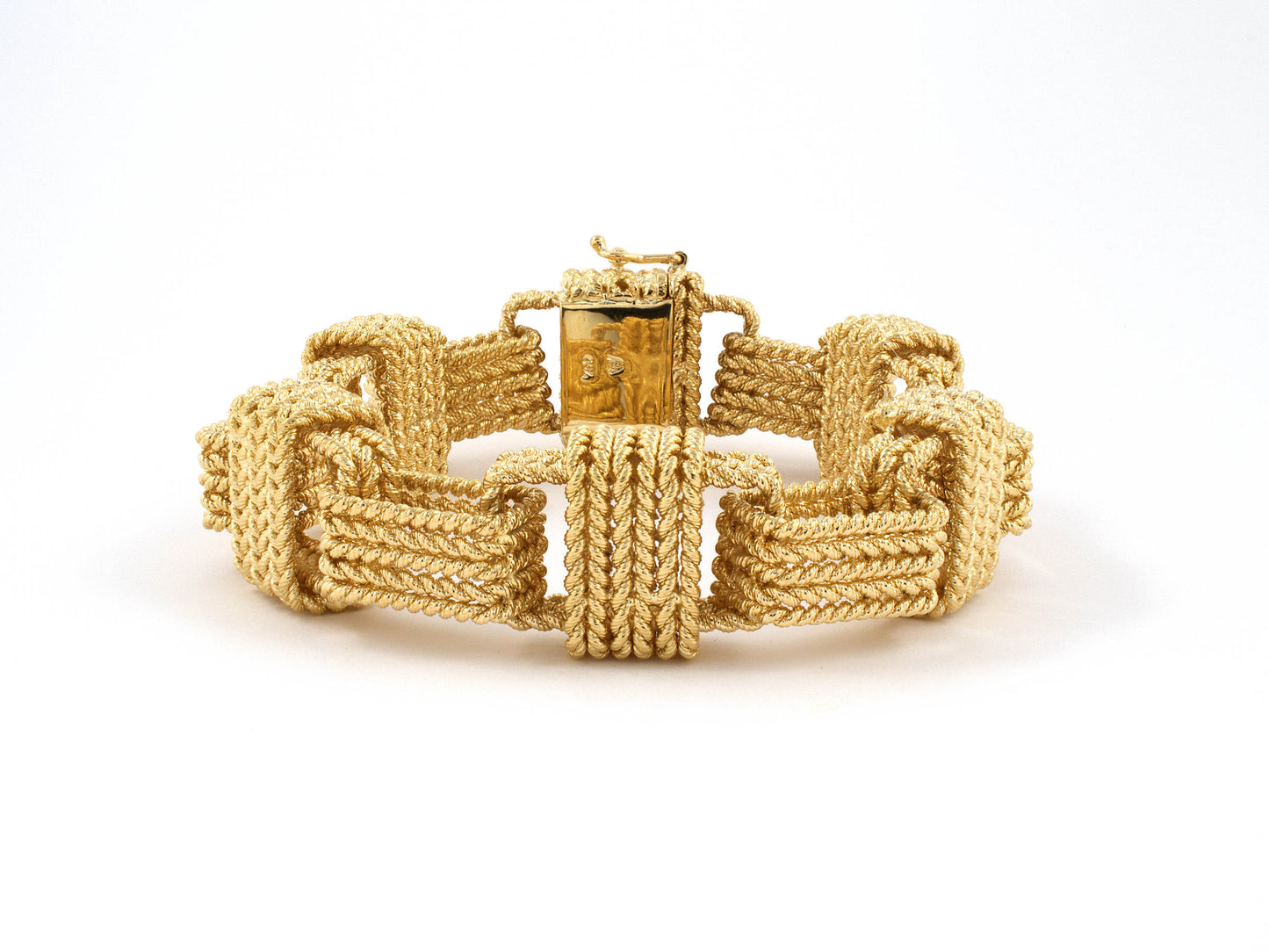 73795 - SOLD - Circa 1960S Wellendorf Gold Twisted Rope Open Rectangular Hand Made Link Bracelet