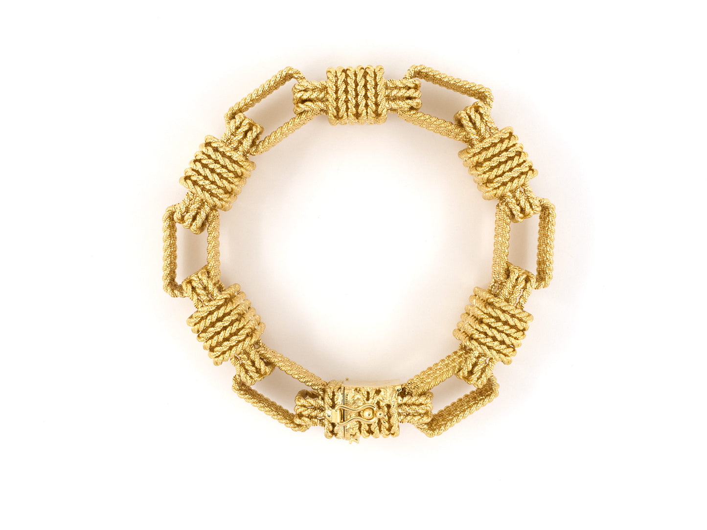73795 - SOLD - Circa 1960S Wellendorf Gold Twisted Rope Open Rectangular Hand Made Link Bracelet