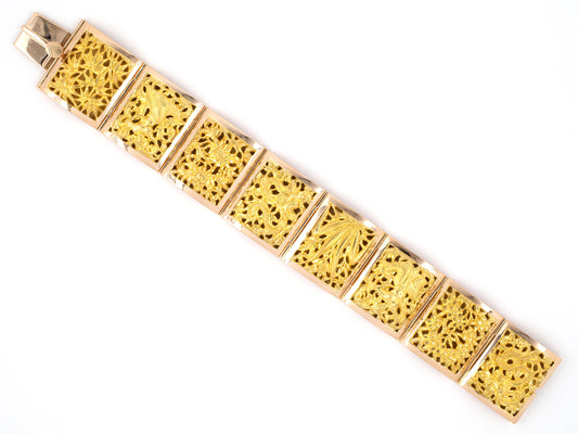 73798 - SOLD - Circa 1950s Gold Carved Leaf Dragon Floral Dancing Woman Chinese Design Hinged Panel Bracelet