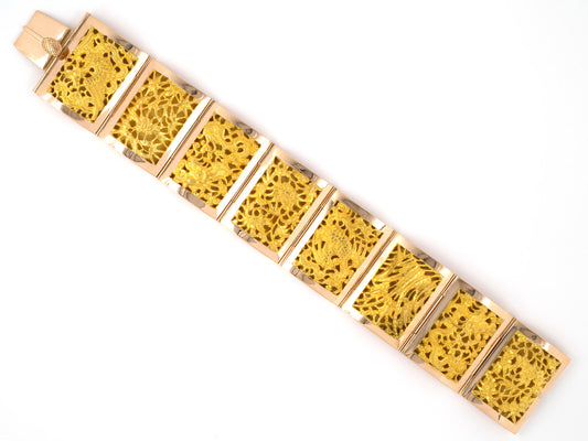 73799 - SOLD - Circa 1950s Gold Carved Leaf Dragon Floral Dancing Woman Chinese Design Hinged Panel Bracelet